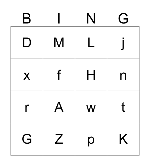 Letters Bingo Card