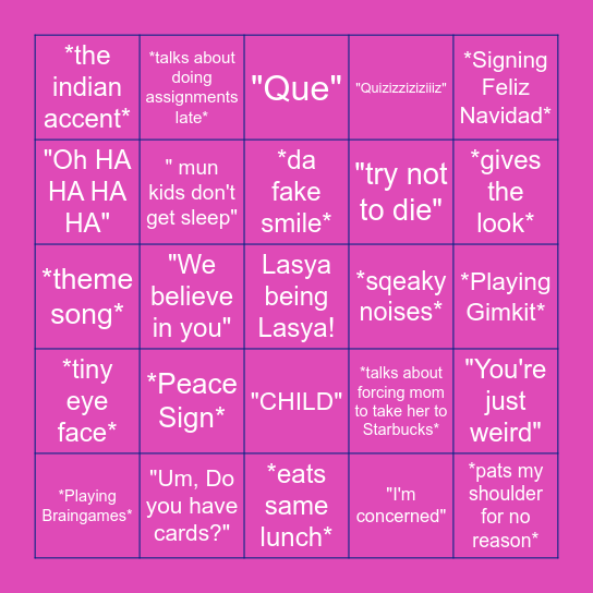 What Lasya tells says to me Bingo Game Bingo Card