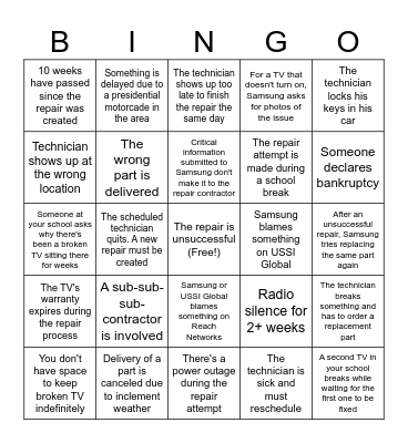 Samsung TV Repair Bingo Card