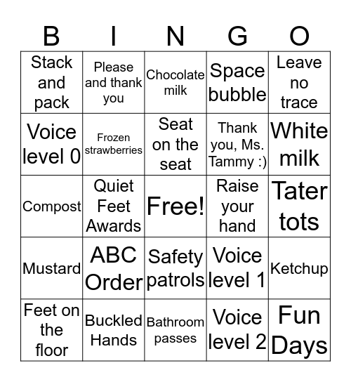 Lunchroom Bingo Card