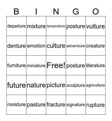 -ture word BINGO Card