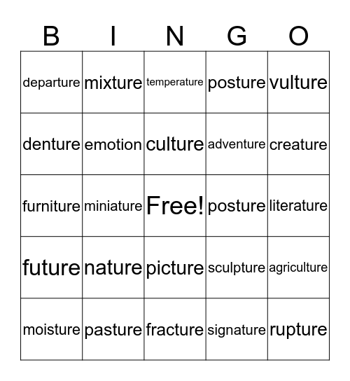 -ture word BINGO Card