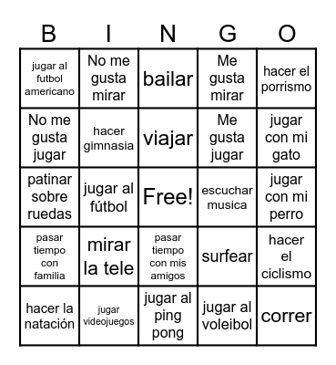 Free time - tiempo libre Bingo Card