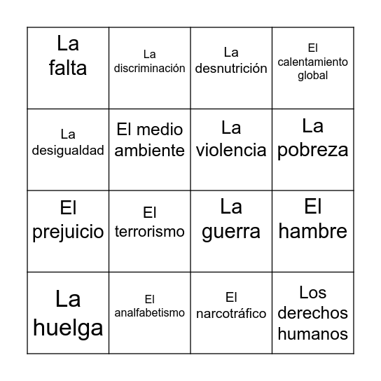 Bingo: Para hablar de los problemas actuales Bingo Card