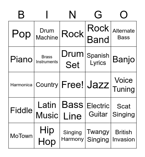 Music Style Bingo Card
