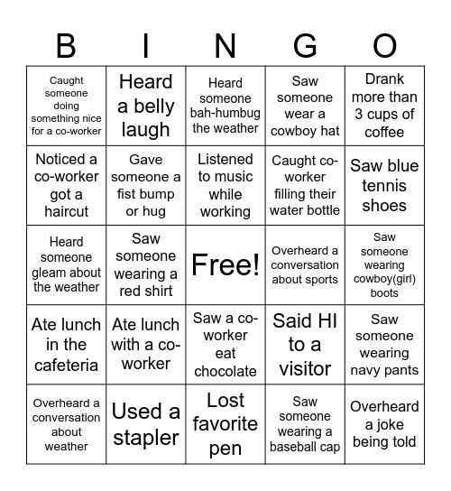 EMPLOYEE BINGO Card