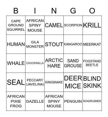COOL ANIMAL ADAPTATIONS Bingo Card