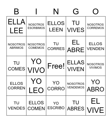ER & IR VERBS Bingo Card