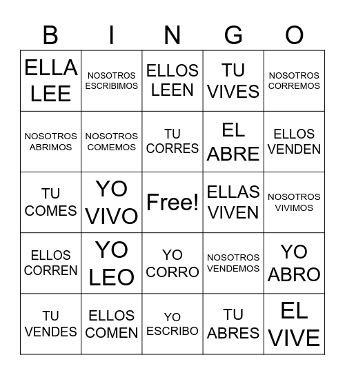 ER & IR VERBS Bingo Card