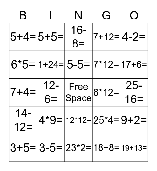 Math Bingo Card