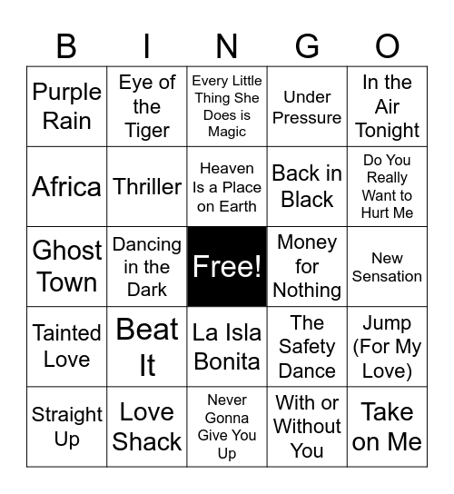 Music Bingo - 80's & 90's Bingo Card