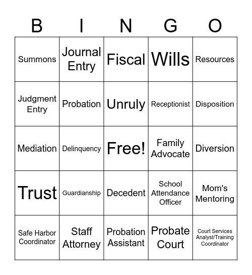 Court Lingo Bingo Card