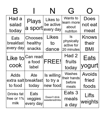 Healthy Lifestyle Bingo Card