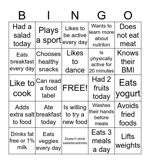 Healthy Lifestyle Bingo Card