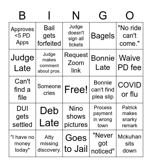 Court Day Bingo Card