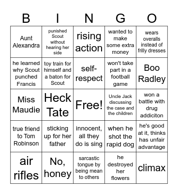 To Kill a Mockingbird Chapters 9-11 Bingo Card