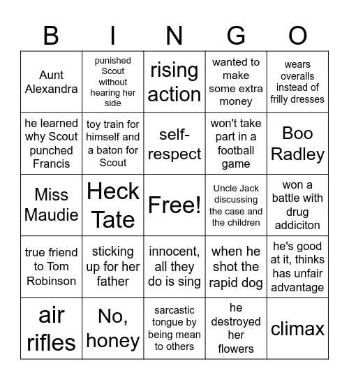 To Kill a Mockingbird Chapters 9-11 Bingo Card