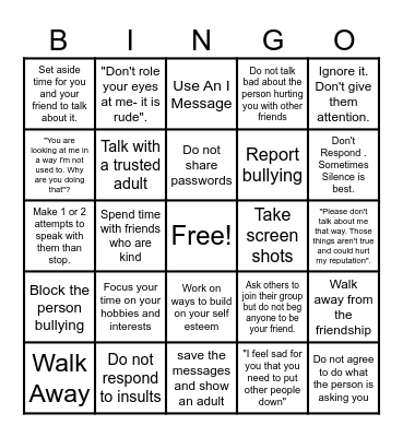 Coping Strategies for Relational Aggression Bingo Card