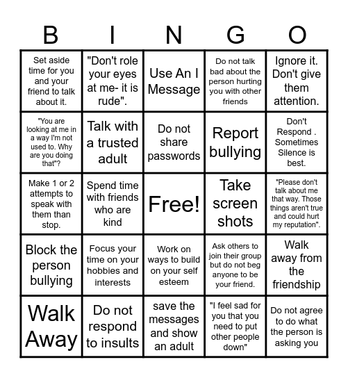 Coping Strategies for Relational Aggression Bingo Card