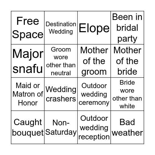 Bride or Guest? Bingo Card