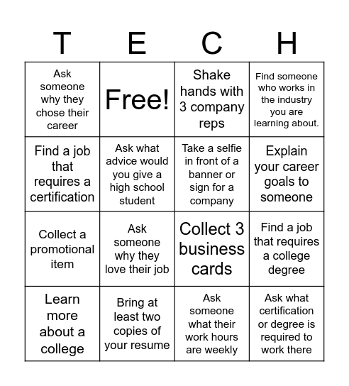 Tulsa Tech Career Fair Bingo Card