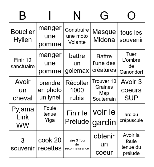 zelda totk Bingo Card