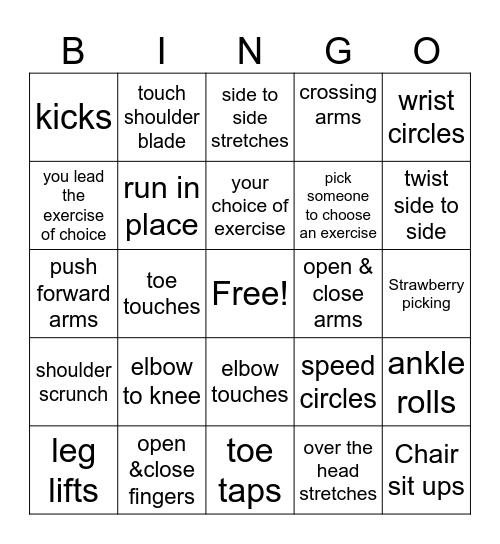 Exercise Bingo Card