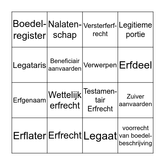 Terugblik les 1 Erfrecht Bingo Card