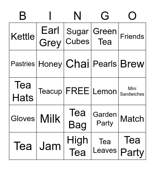 Queens' Tea Party Bingo Card