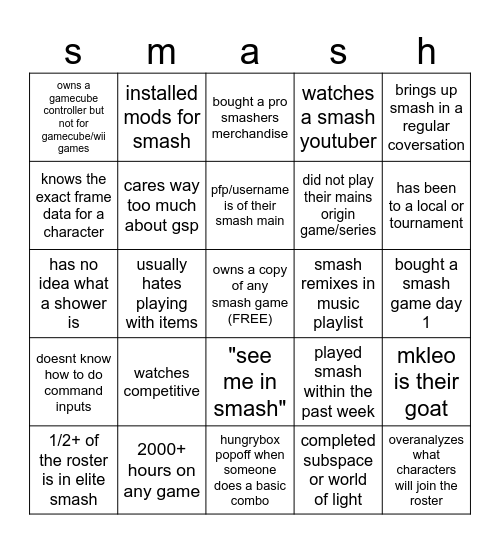are you a smasher? Bingo Card
