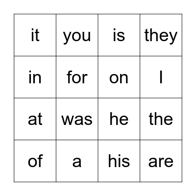 Sight Words Bingo Card