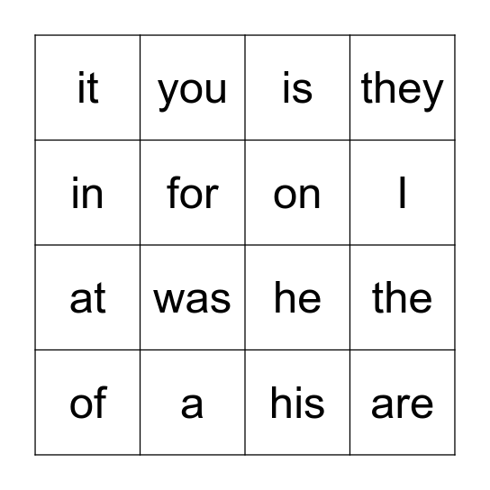 Sight Words Bingo Card