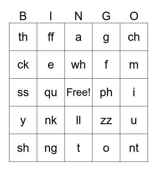 Diagraphs and Short Vowels Bingo Card