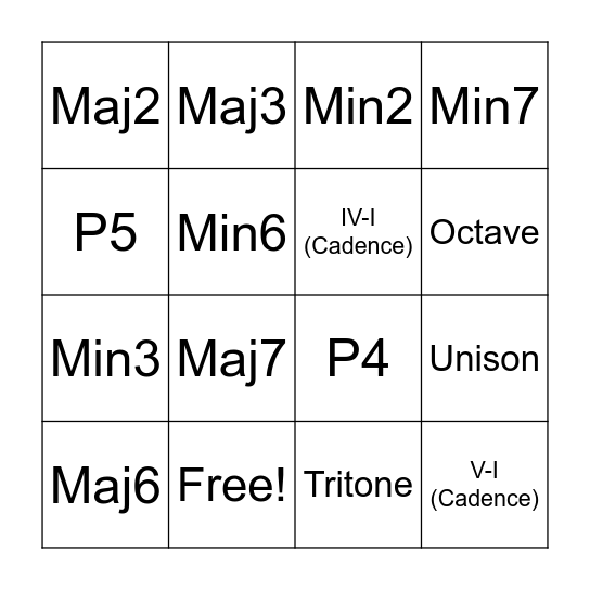 Interval Bingo Card