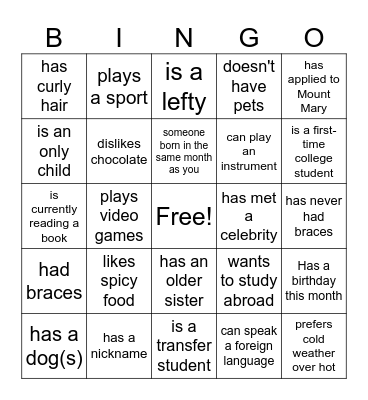 Icebreaker Bingo Card