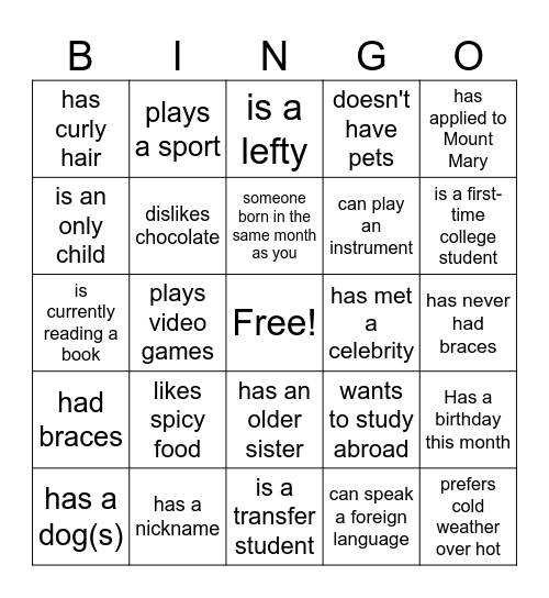 Icebreaker Bingo Card