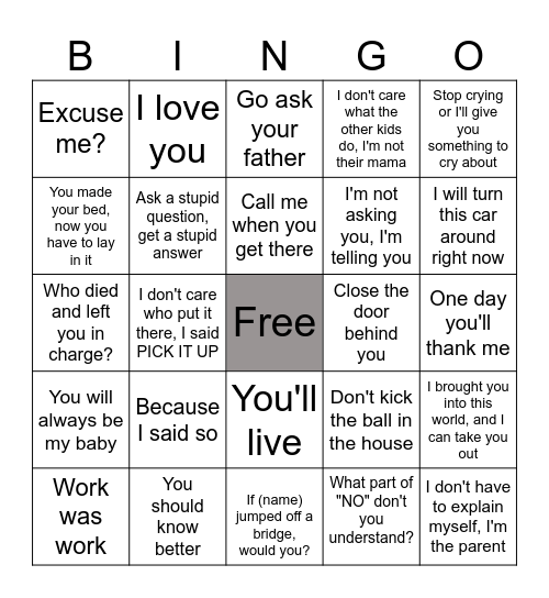 Mother Bingo Card