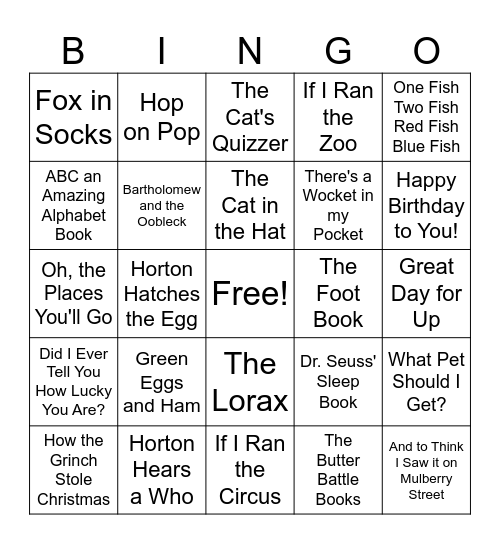 Dr. Seuss Reading Challenge Bingo Card