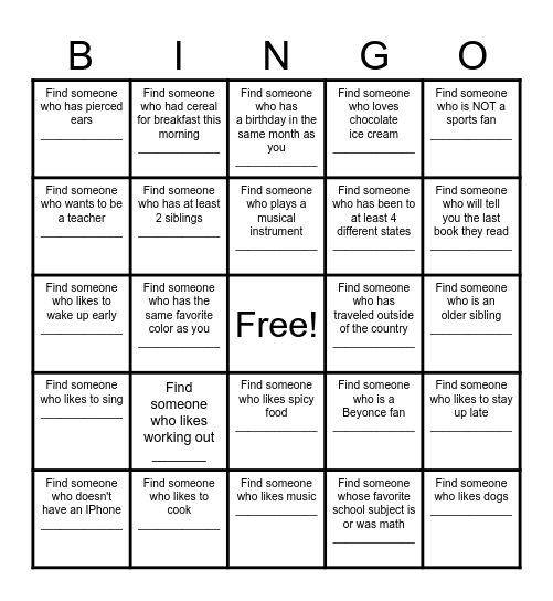 Find a Friend Bingo Card