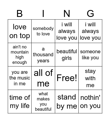 Love Song Bingo Card