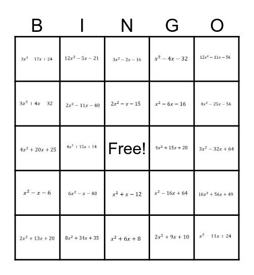 Binomial Bingo Card