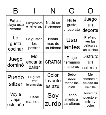 Bingo para Conoceros Bingo Card
