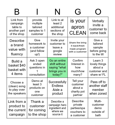 Mystery Shop Bingo Card