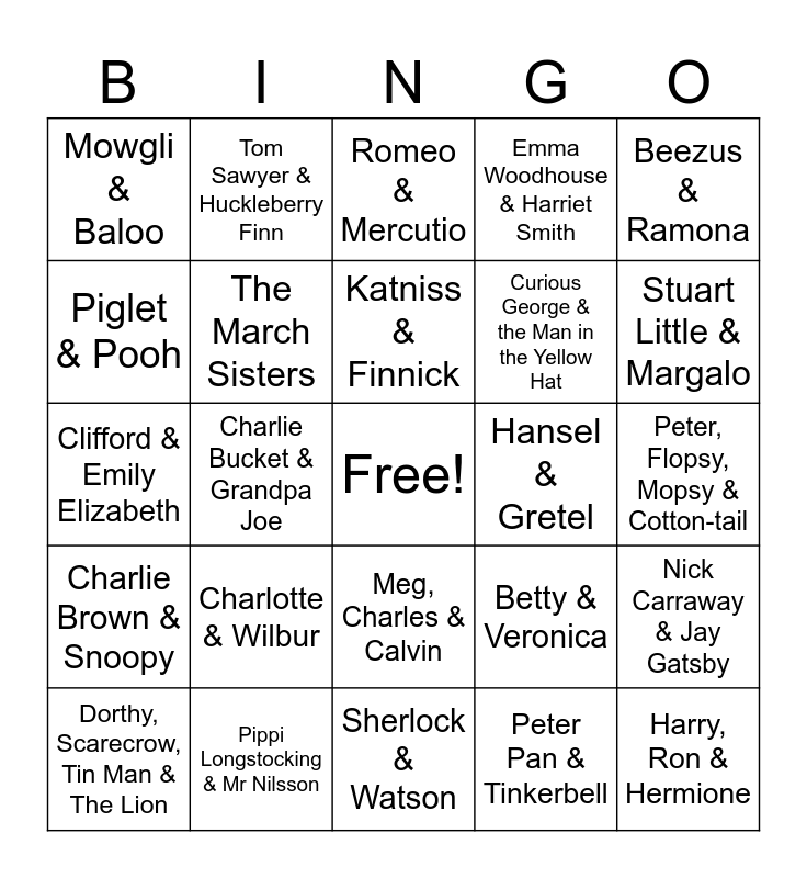 Literary BFFs Bingo Card