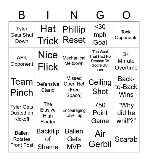 Rocket League Bingo 2 Bingo Card