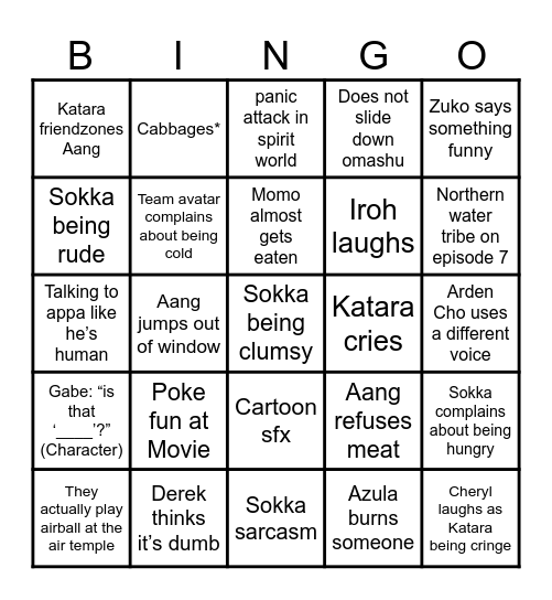 Avatar bingo Card