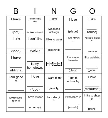 What do we have in common? Bingo Card