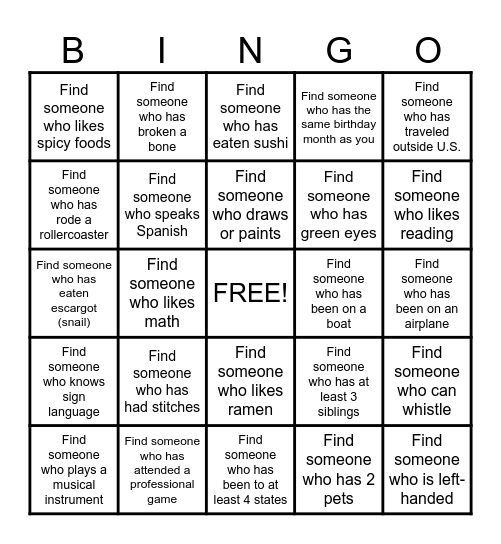 Get to Know You BINGO! Bingo Card