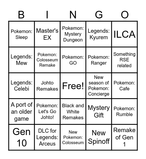 Pokémon Presents Bingo Card