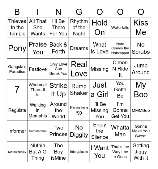 90's Hits Bingo Card